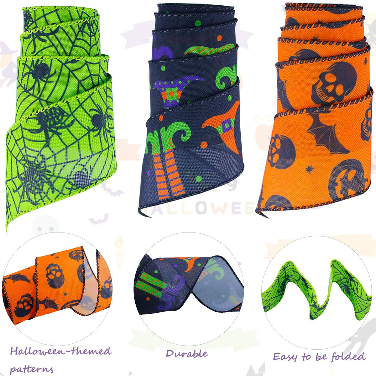 3 Rolls 15 Yards Halloween Wired Edge Ribbon - Bat Skull Pumpkin Halloween Decorative Spider Web Printed Wrapping Ribbon for Party Wreath DIY Craft Floral Bow