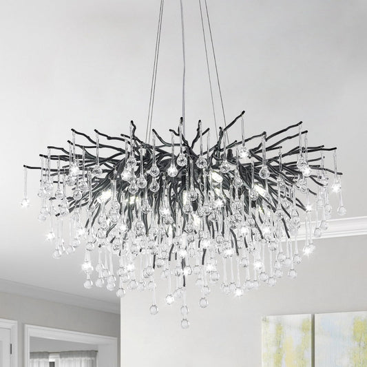 NIUZDU Chandeliers for Dining Room - 23.6" Modern Black Crystal Chandelier, Round Tree Branch Raindrop Chandelier, Foyer Chandeliers for Entryway, Living Room,Bedrooms,Bathroom(Bulb not Included)