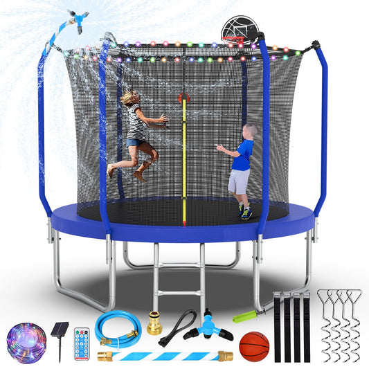 Lyromix Upgraded 8FT Trampoline for Kids and Adults, Large Outdoor Trampoline with Basketball,Stakes, Light, Sprinkler,Basketball Hoop and Net, Capacity for 3-5 Kids and Adults, Royal Blue