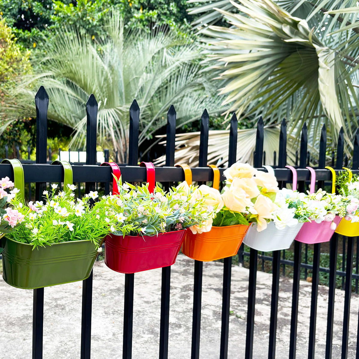 Joyfernal 6 Pcs Railing Planter, 10" Metal Hanging Flower Pots for Outdoor Balcony Rails, Fence Pot Hanging Plant Holders with Detachable Hooks for Garden Patio Yard Decor (9.8", Pack of 6)