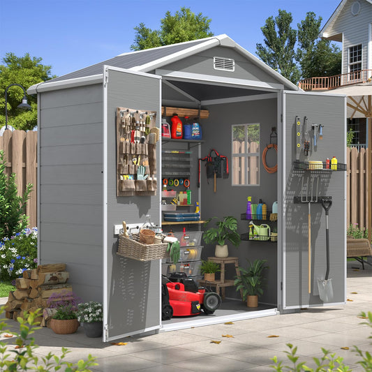 Aoxun 6x4 FT Outdoor Storage Shed, Plastic Garden Resin Shed with Floor and Window for Patio, Lawn, Outdoor Storage with Lockable Door for Bike, Tools, Garbage Can, Grey