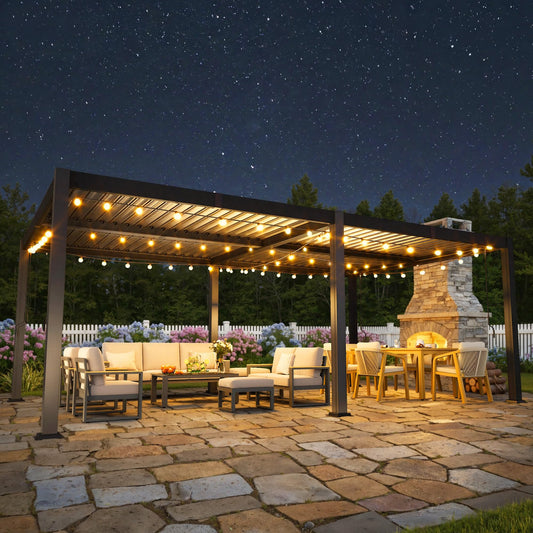 Louvered Pergola, 12' x 20' Outdoor Pergola, Metal Patio Gazebo with Adjustable Louvers Roof and Gutter System, Metal Hardtop Gazebo for Patio, Backyard, Deck, Garden, Dark Gray