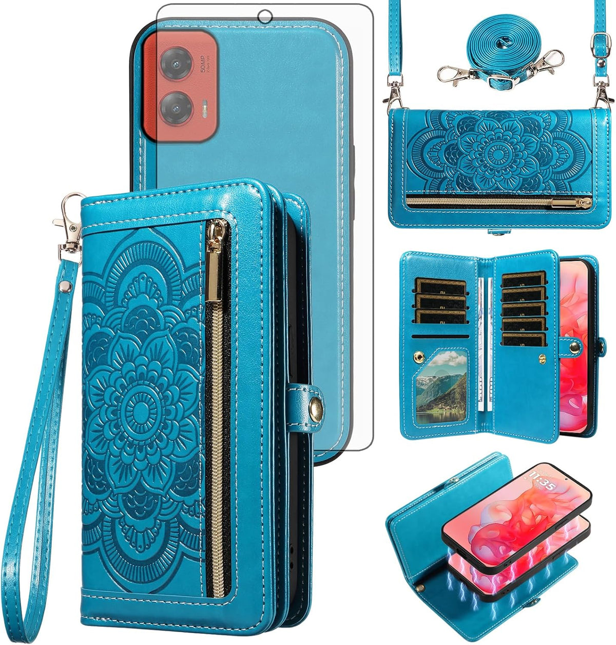 Asuwish 5G 2024 G5 Phone Case for Motorola Moto G Stylus Zipper Wallet Magnetic Detachable Cell Cover with Tempered