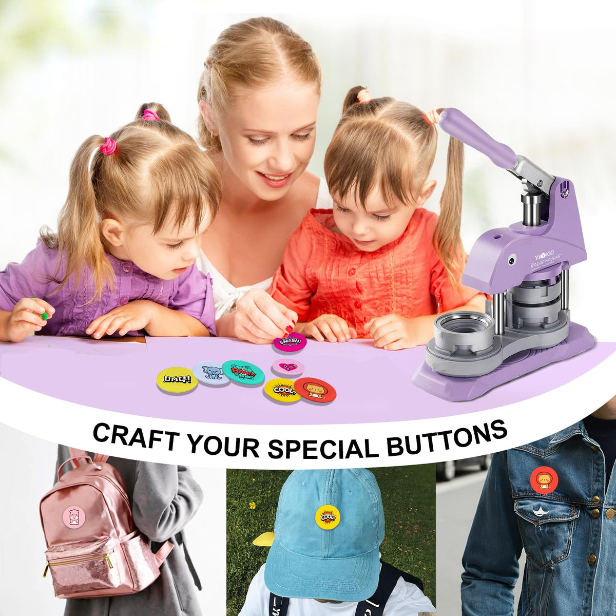 YiiYiiGO Button Maker Machine Multiple Sizes, 1+1.25+2.25 inch Installation-Free Pin Maker Machine, Ideal Pin Press for Kids DIY with Free 300 Sets 25+32+58mm Button Making Supplies(Purple)