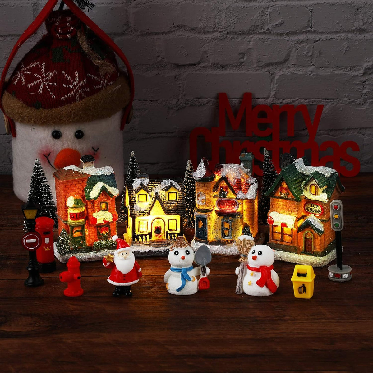 Skiennix 16-Piece Christmas Village Houses Set - LED Light-Up Figurines & Mini Accessories for Festive Decor