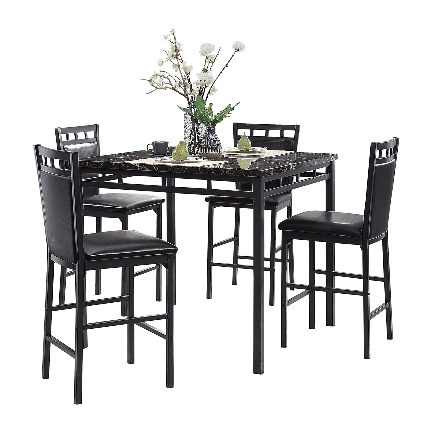 Lexicon Ellis 5-Piece Dining Table Set, Dining Room Table Set for 4, Counter Height Dining Table with 4 Metal Frame Chairs with Faux Leather Seats for Kitchen, Bar, Breakfast Nook, Small Space, Black