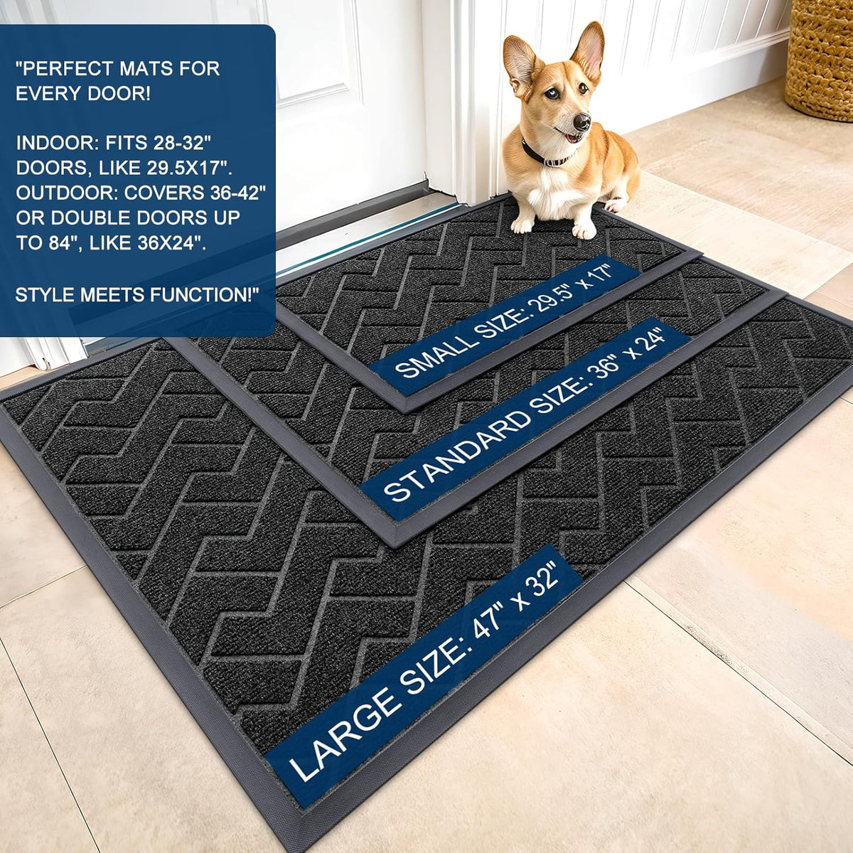 OLANLY Indoor Outdoor Front Door Mat - Waterproof All-Season Herringbone Doormat | Easy Clean, Black (59x35)
