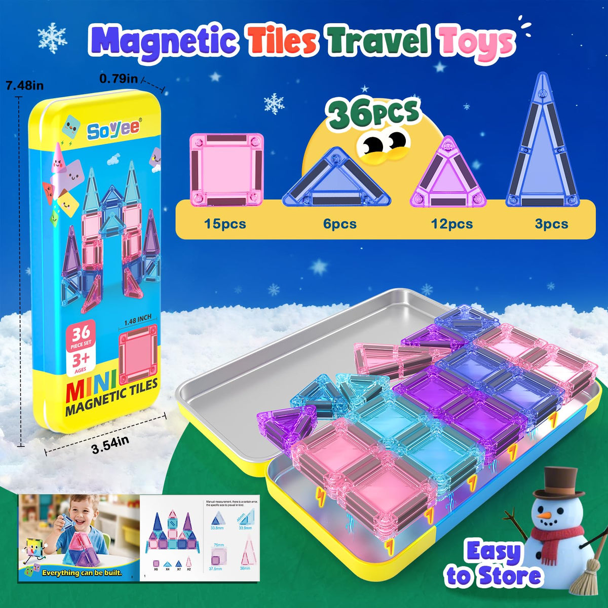 Soyee Magnetic Tiles Toddler Toys Travel Essential Games Magnet Building Blocks STEM Sensory Educational Toys for 3 4 5 6 7 8+ Year Old Boys Girls Christmas Birthday Gifts