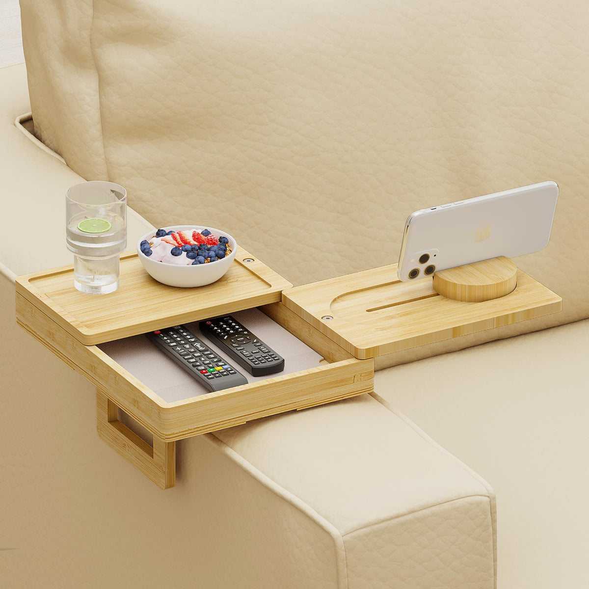 Wealone Bamboo Couch Arm Tray with 2 Rotatable Tray, Adjustable Sofa Arm Clip Table with Storage Box & 360° Phone Holder, Couch Armrest Table for Snacks, Drinks or Dining