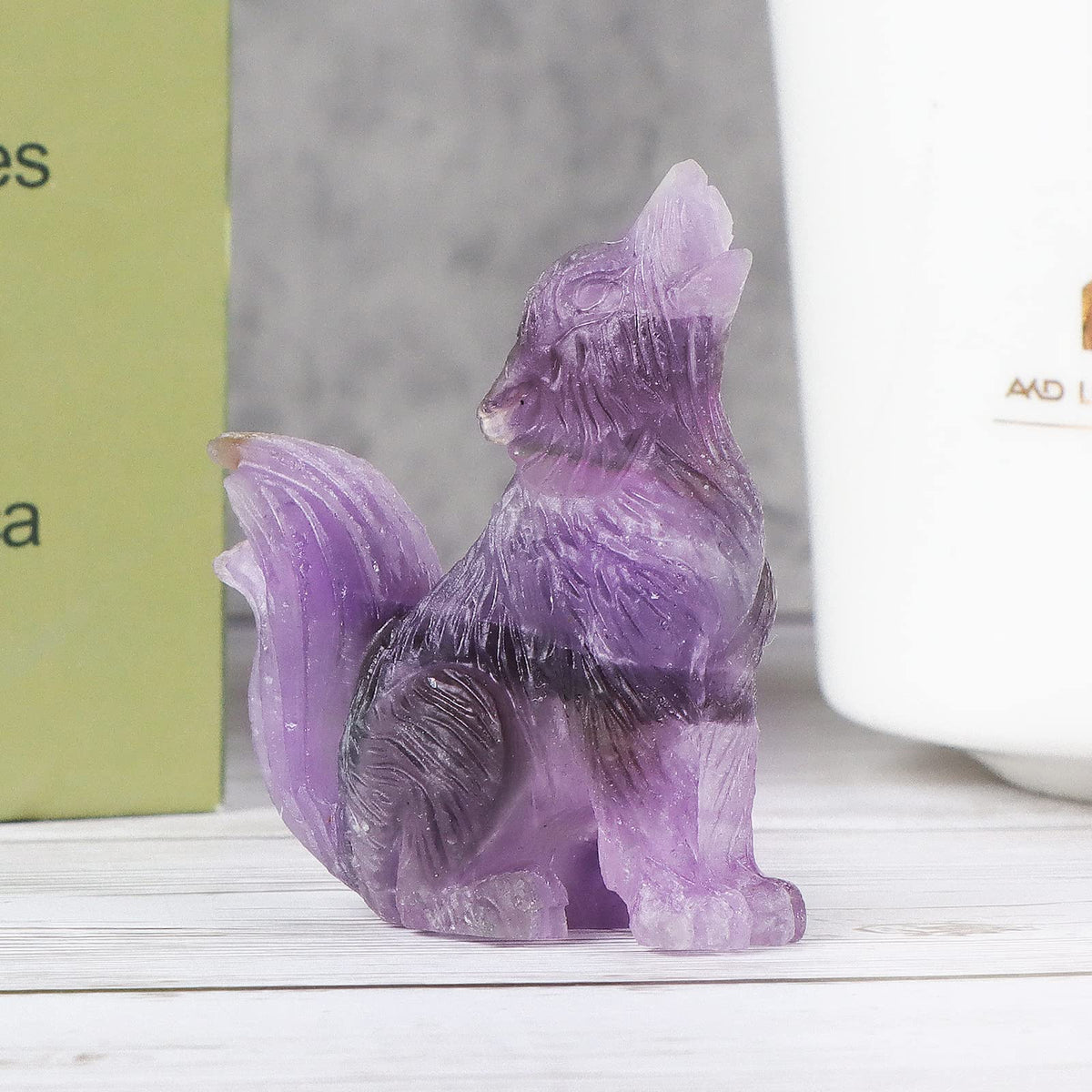 LEADGEM 2.0" Amethyst Crystal Big Tail Wolf Decor Figurine Healing Stones Statue Carved Sculpture Ornaments Crystal Wolf Decor with Gifts Box