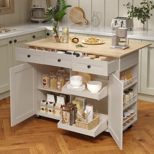 GarveeHome Rolling Kitchen Island with Drop Leaf Countertop, Charging Station & Ample Storage - 47.2 in Mobile Kitchen Cart On Wheels with Pull-Out Shelves, Drawers, Spice Rack & Organizer Divider