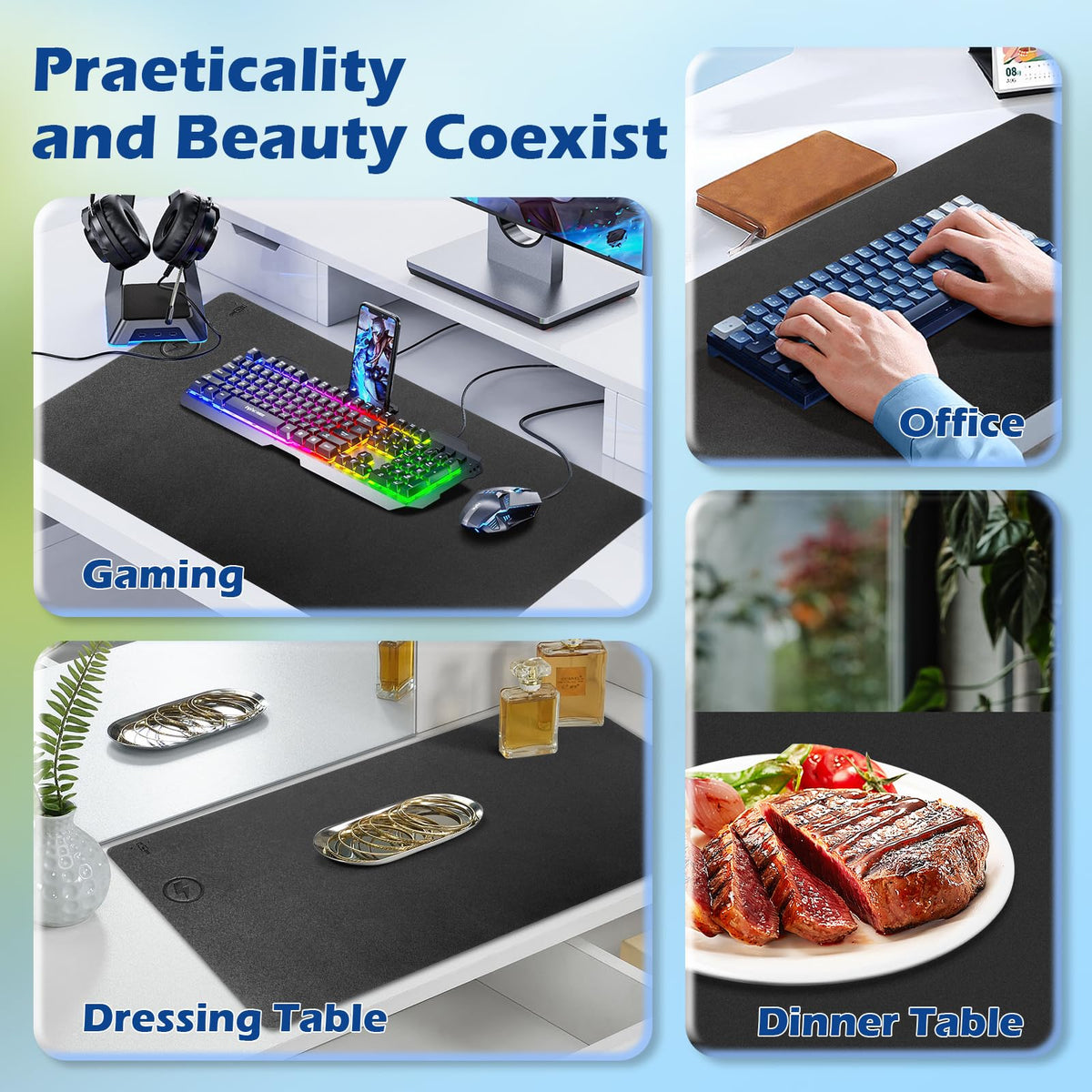 Wireless Charging Desk Mat with Desk Pad for Desktop Charging Large Mouse Pad Waterproof Leather Computer Mat Mouse Pad Non-Slip Protector on Top of Desks for Keyboard and Mouse (black-l, 36*17inch)