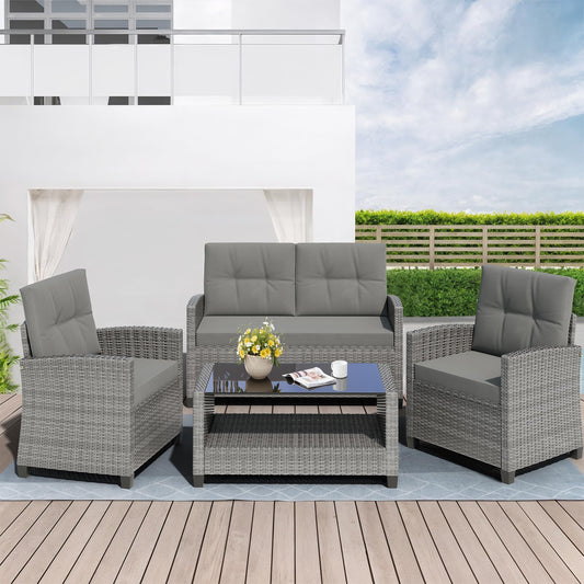 Shintenchi 4 Piece Patio Furniture Set, Outdoor Rattan Conversation Set with Coffee Table, Outside Wicker Sectional Sofa Couch with Cushion, Gray