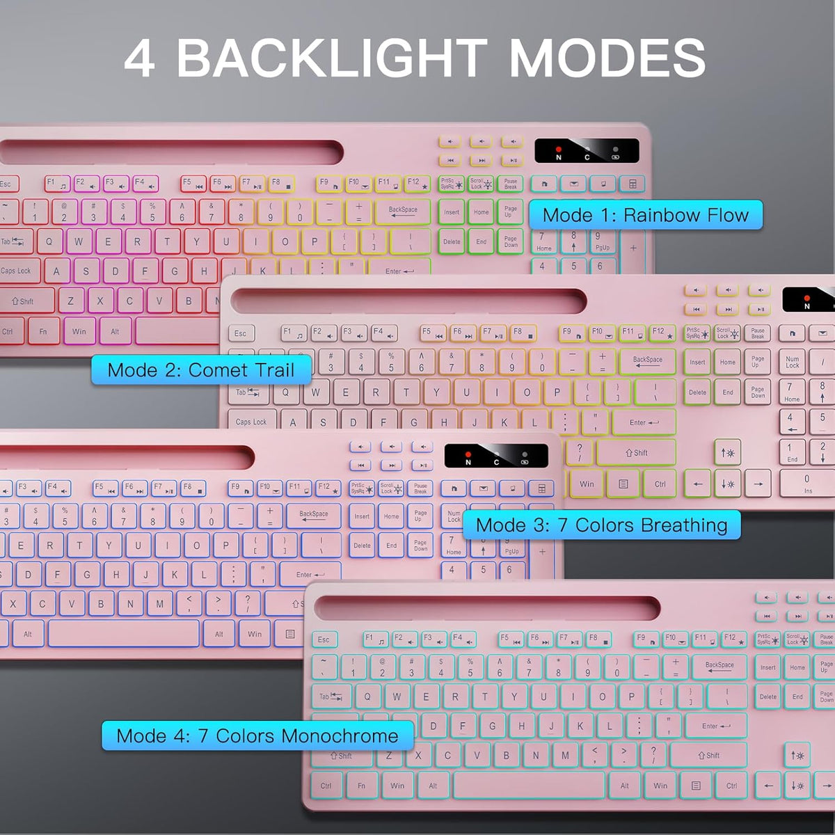 Soueto 7-Color 2.4G Wireless Keyboard with RGB Backlit, Full-Size Computer Keyboard with Phone Tablet Holder