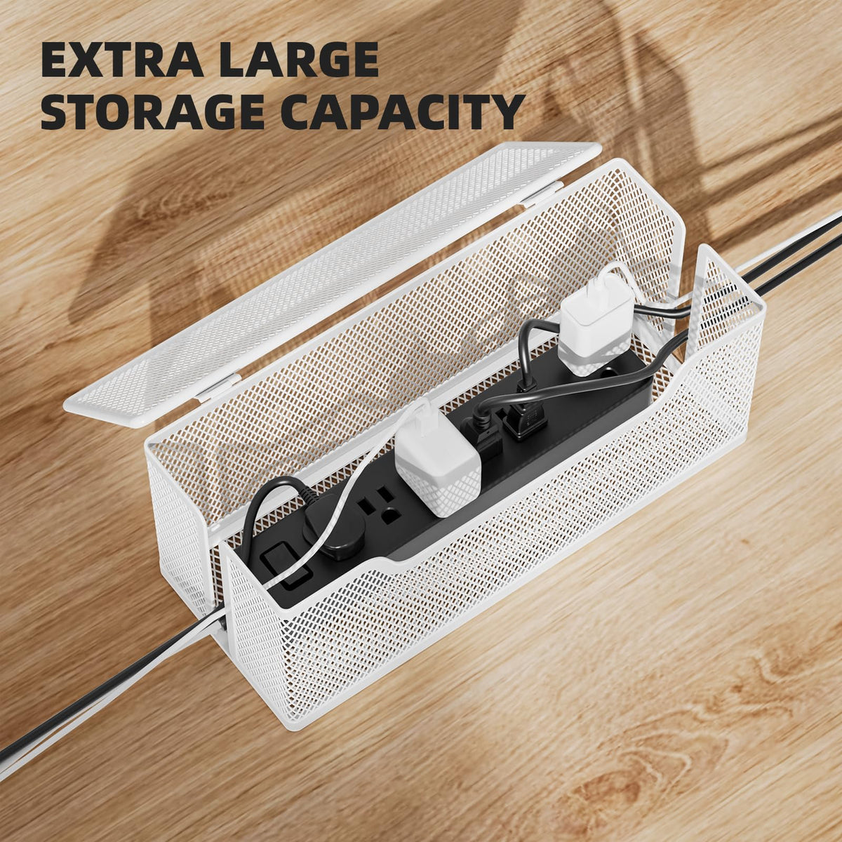 3 Pack Cable Management Box, Metal Mesh Cord Organizer Box for TV Wires, Electrical Hiding, Power Strip – Under Desk Cable Storage Box with Cable Clips&Reusable Cable Ties for HomeOffice - White