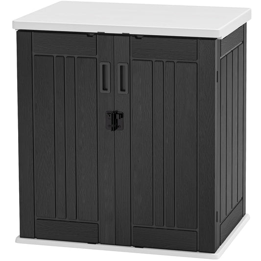 DWVO Outdoor Storage Cabinet with 2 Shelves, Waterproof Horizontal Plastic Storage Shed with Lockable Door, 15 cu. ft. Patio Tools Storage Box for Patio, Garden, Backyard, Deck, Dark Gray