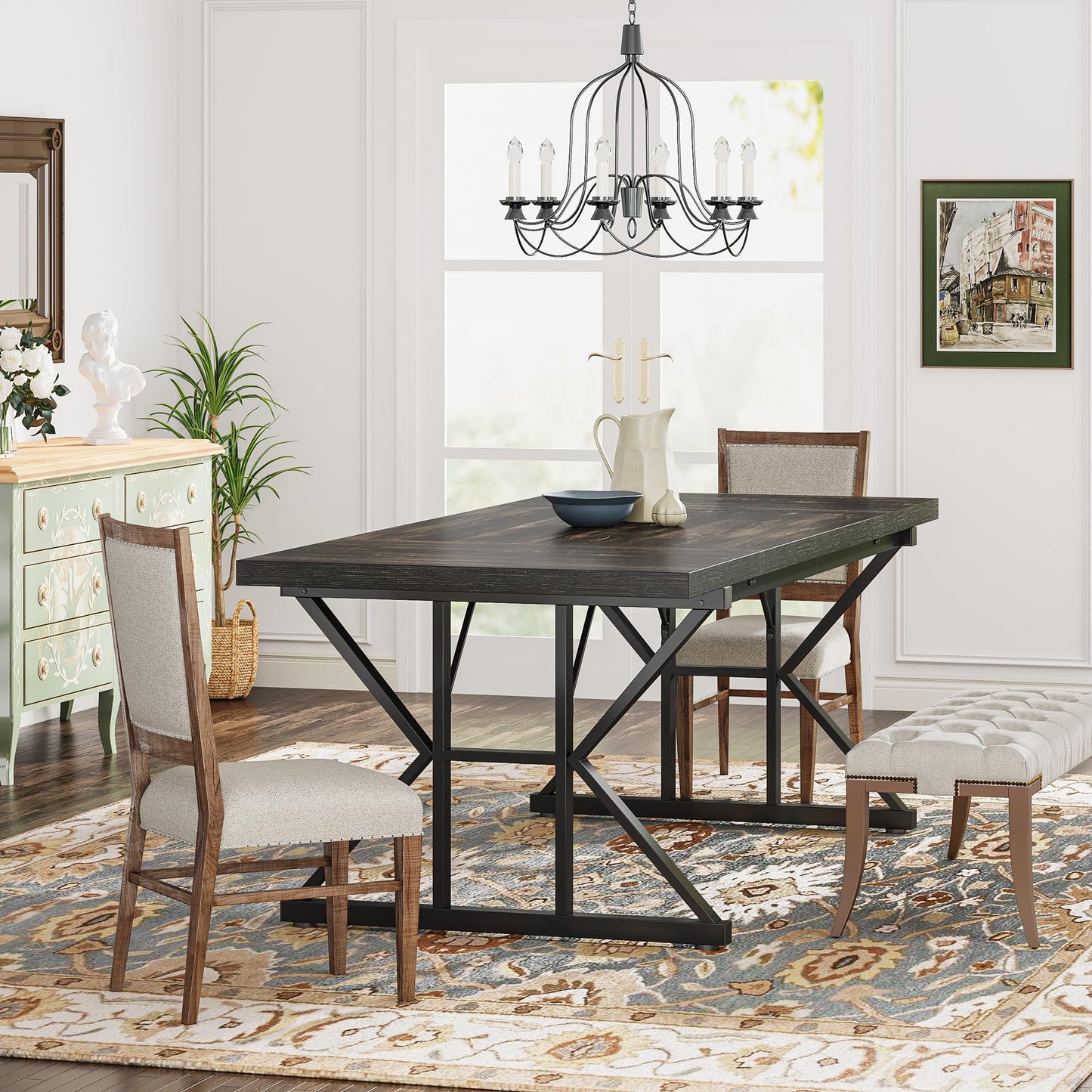Tribesigns Farmhouse Dining Table for 6 People, 70.8-Inch Rectangular Wood Dining Table, Rustic Kitchen Table with Heavy Duty Metal Legs for Dining Room (Black, 70.8 Inch)