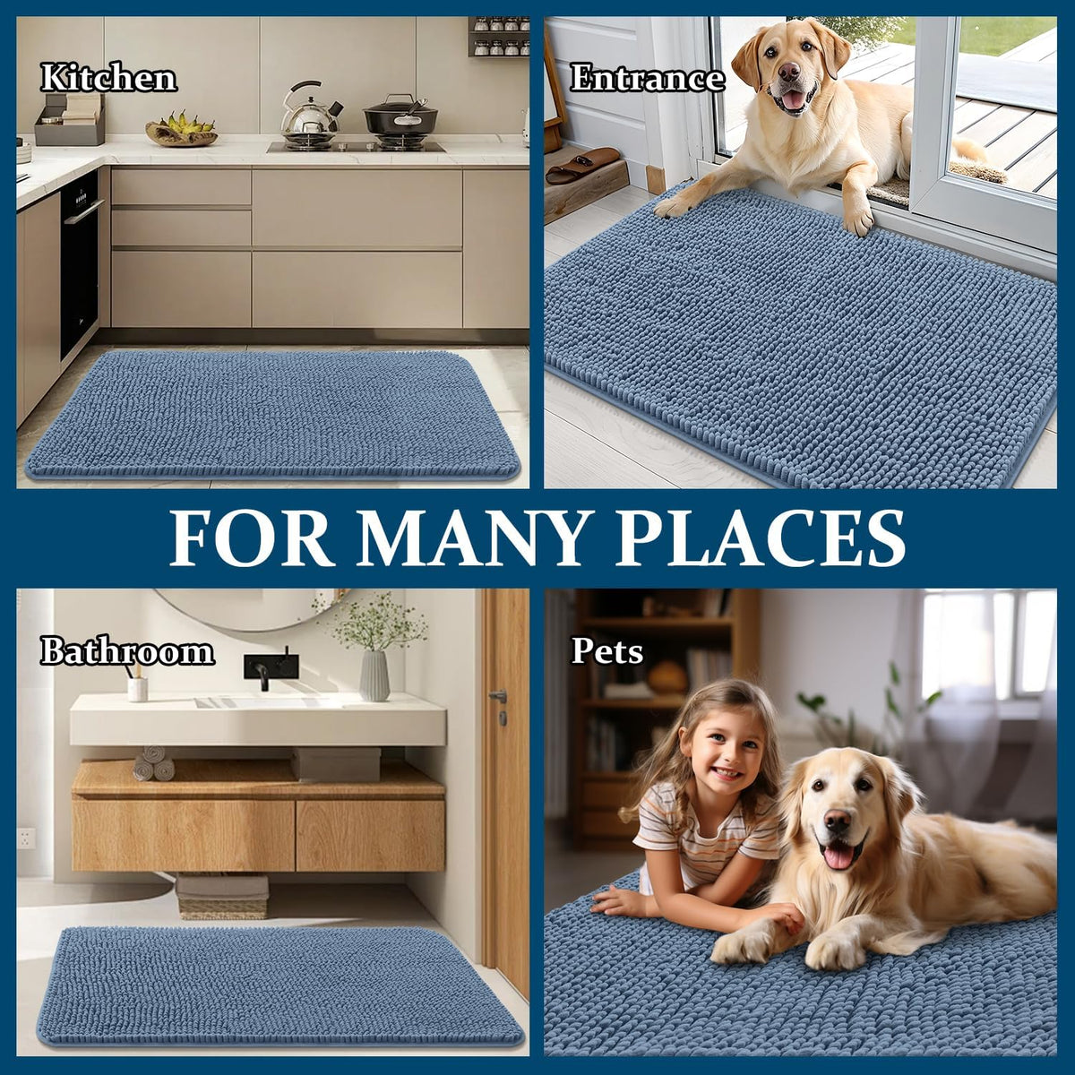 OLANLY Dog Door Mat - Absorbent Non-Slip Chenille Mat for Muddy Paws | 70x24, Quick Dry, Airy Blue