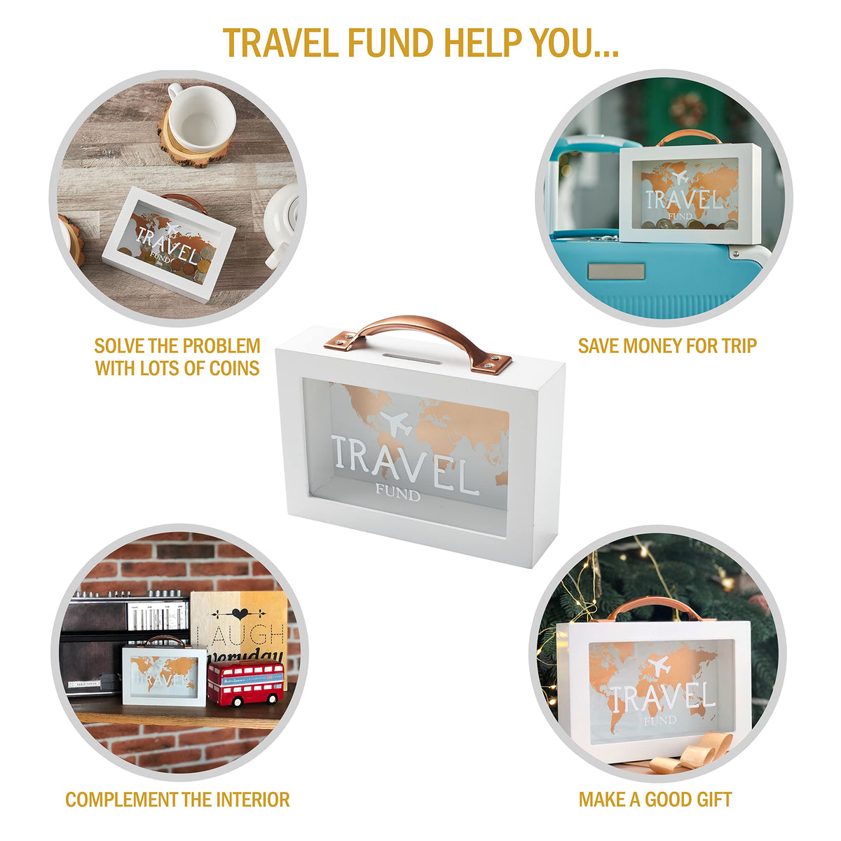 Shadow Money Box for Travel Savings - Coin Bank for Adults - Vacation Jar - White Saving Box With Handle - Honeymoon Fund - Adventure Fund