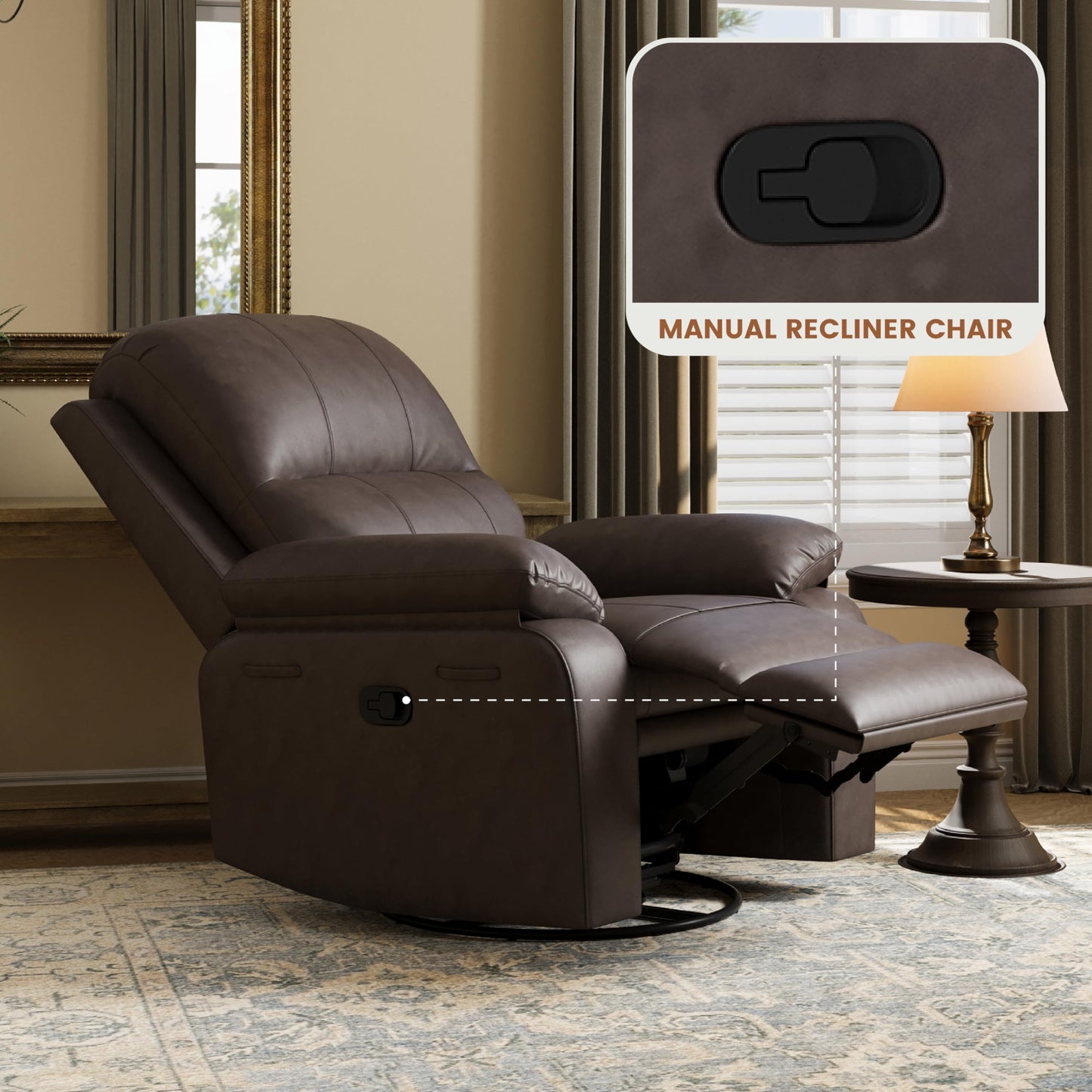Attalee Leather Swivel Rocker Recliner Chair, Traditional Manual Chair, Upholstered Nursery Glider Rocking Recliner, Comfy Faux Leather Single Sofa with Pocket Spring for Living Room, Dark Brown