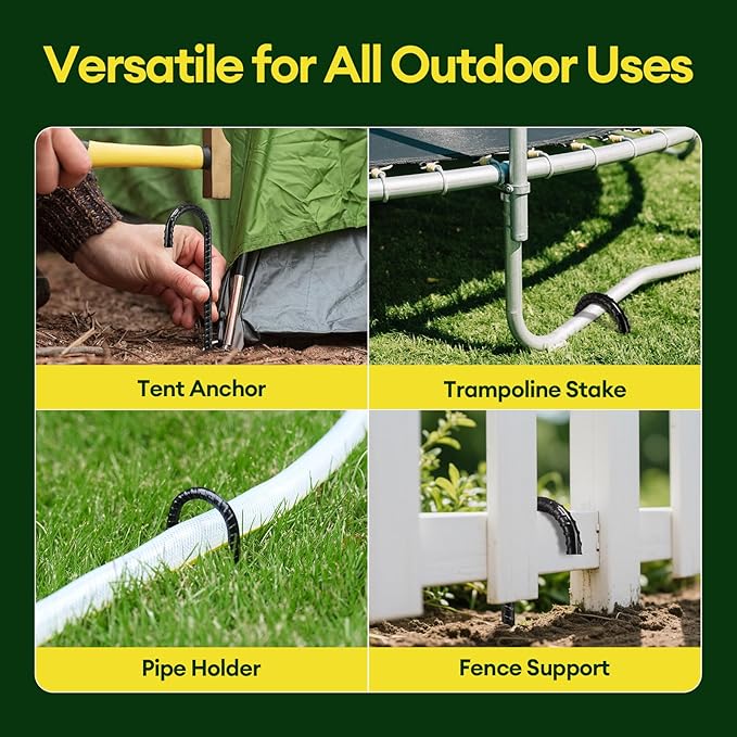 12 Inch Rebar Stakes Heavy Duty 10 Pack, J Hook Ground Stakes, Galvanized Steel Trampoline Stakes, Tent Anchor Kit Anti-Rust, Drip Hose Wind Stakes, Black