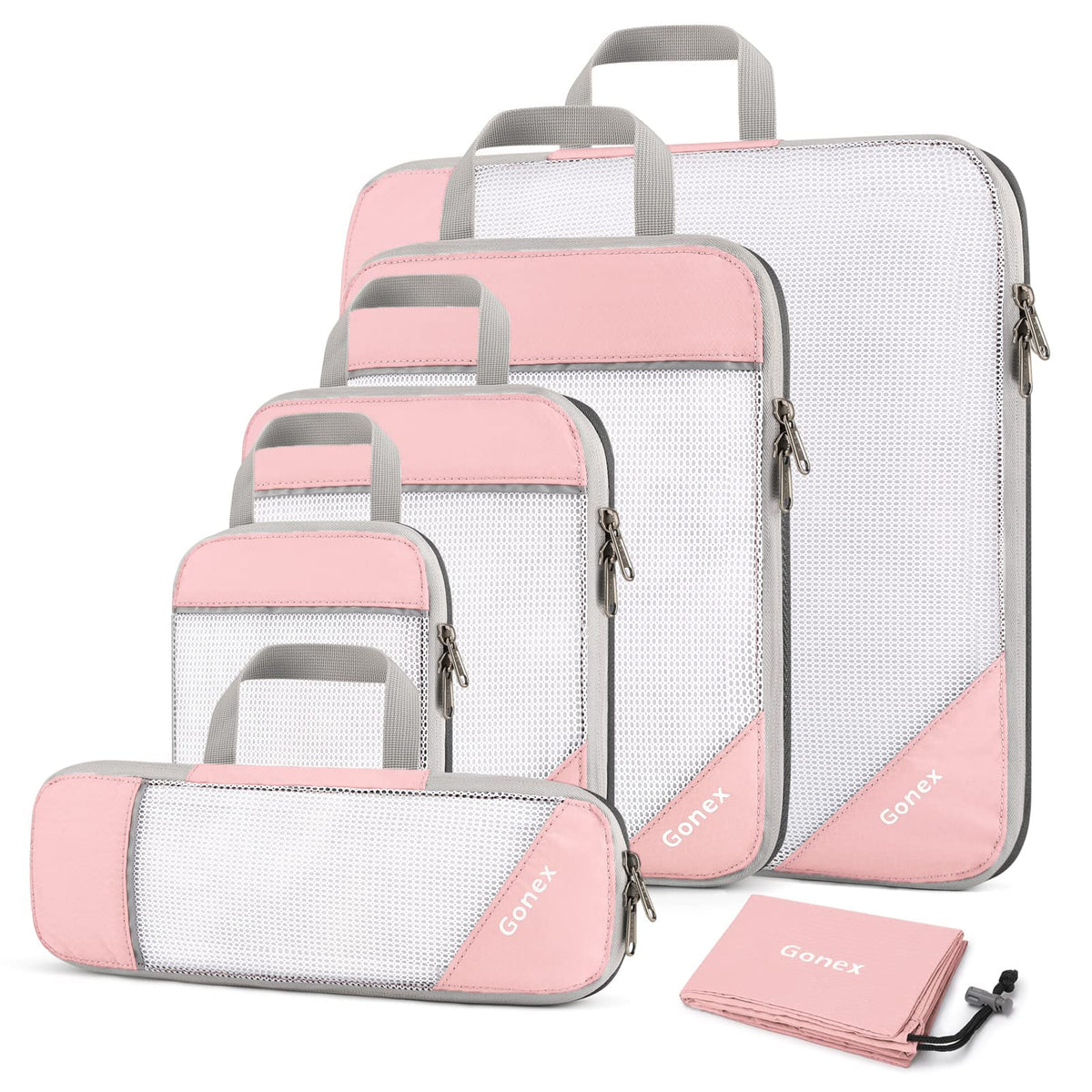 Gonex Compression Packing Cubes Mesh Organizers L+M+S+XS+Slim+Laundry Bag Pink