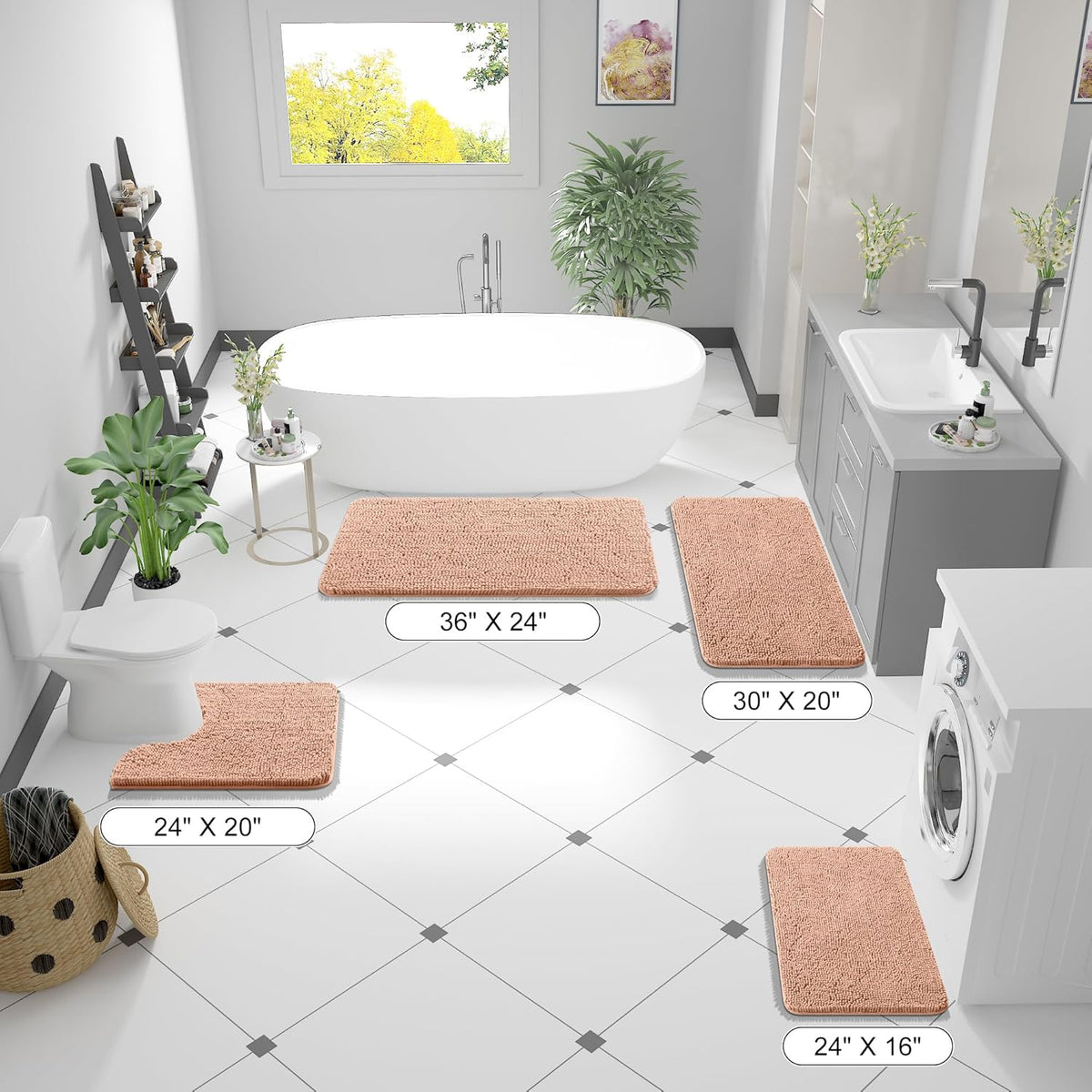 OLANLY Large Bathroom Rugs - Extra Soft Chenille Bath Mats | Quick-Dry, Machine Washable, 44x32, Peach