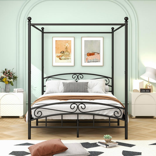 KEIKI Queen Size Canopy Bed Frame Four-Poster Bed with Vintage Headboard & Footboard, Noise Free, No Box Spring Needed, Heavy Duty Steel Slat Support, Easy Assembly, Black
