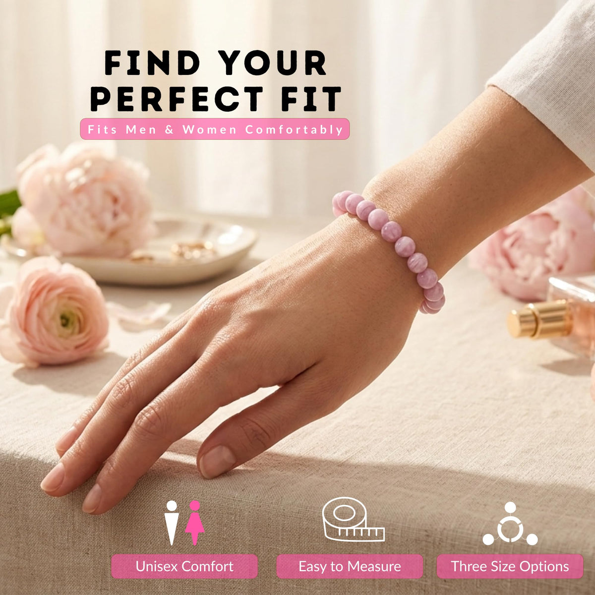 Cherry Tree Collection Kunzite Beaded Bracelet – Genuine 8mm Gemstone Stretch Bracelet for Men & Women – Handmade Crystal Bracelet - (Kunzite - S)