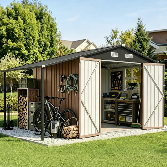 Aoxun 6x10 FT Outdoor Storage Shed with Open Firewood Storage,Galvanized Steel Garden Shed with Lockable Doors,Sloped Roof,Windows, 2 in 1 Large Metal Tool Shed for Patio, Backyard, Lawn (Brown)