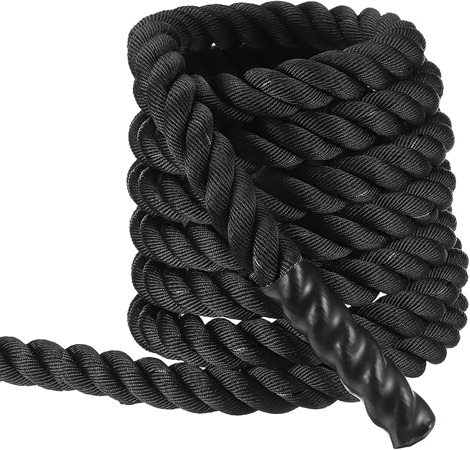 MECCANIXITY Battle Rope 30ft x 2 Inch Polyester Workout Rope Heavy Fitness Exercise Rope for Strength Training Home Gym Muscle Building, Black