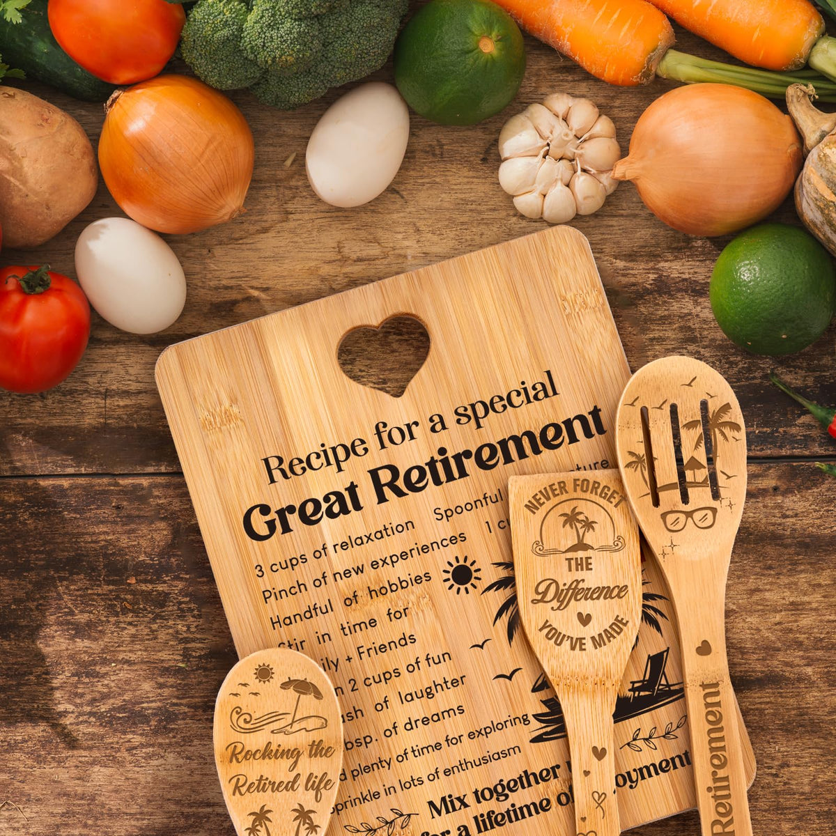 Retirement Gifts for Woman/Men 2026, Happy Retirement Bamboo Cutting Board Set for Colleagues, Coworker, Friend, Teacher, Boss, Parents, Family - Recipe for a Special Great Retirement.
