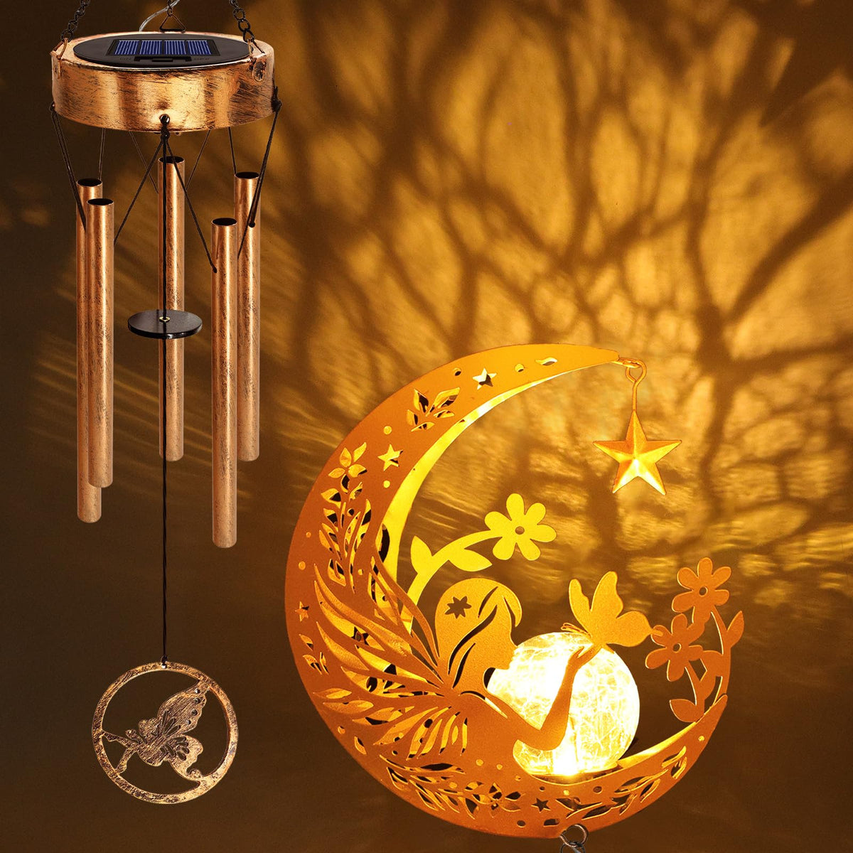 Solar Moon Fairy Wind Chimes, Moon Gifts Mothers Day for Mom Women Men Sympathy Birthday, Hanging Outdoor Decor Cracked Glass Ball Memorial Large Wind Chimes for Garden Patio Porch