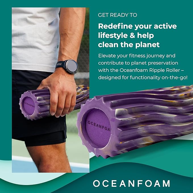 Oceanfoam Ripple Travel Foam Roller (11" x 3.35") Firm Mini Foam Roller for Physical Therapy, Deep Tissue Massage, Back Pain - High Density, Wave Textured - Yoga (Purple, Gold & Natural Marbled)