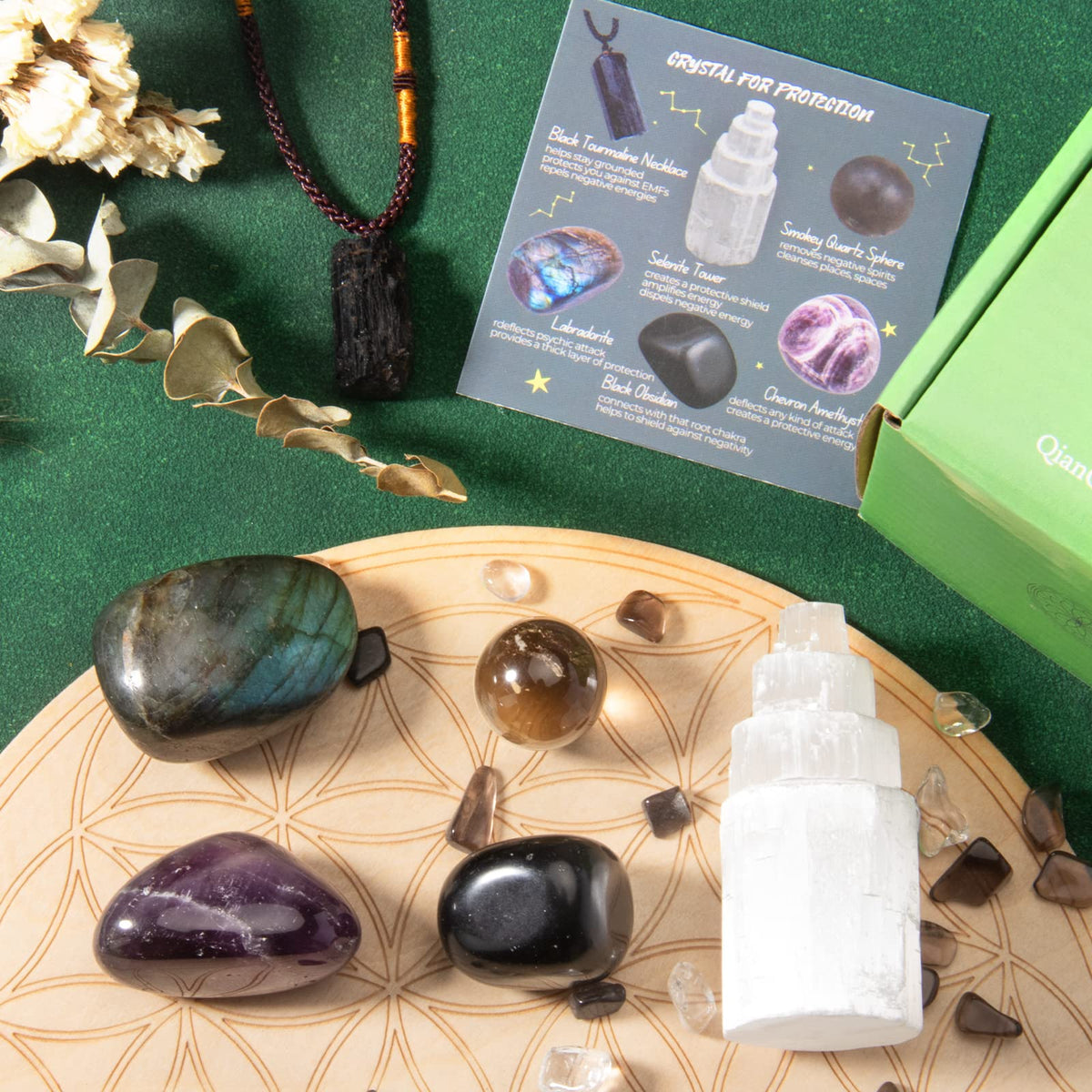 QianCannaor Protection Crystals and Healing Stones, Black Tourmaline Necklace, Selenite Tower,Smokey Quartz Sphere,Black Obsidian Healing Crystals Set for Meditation Accessories,Witchcraft Supplies