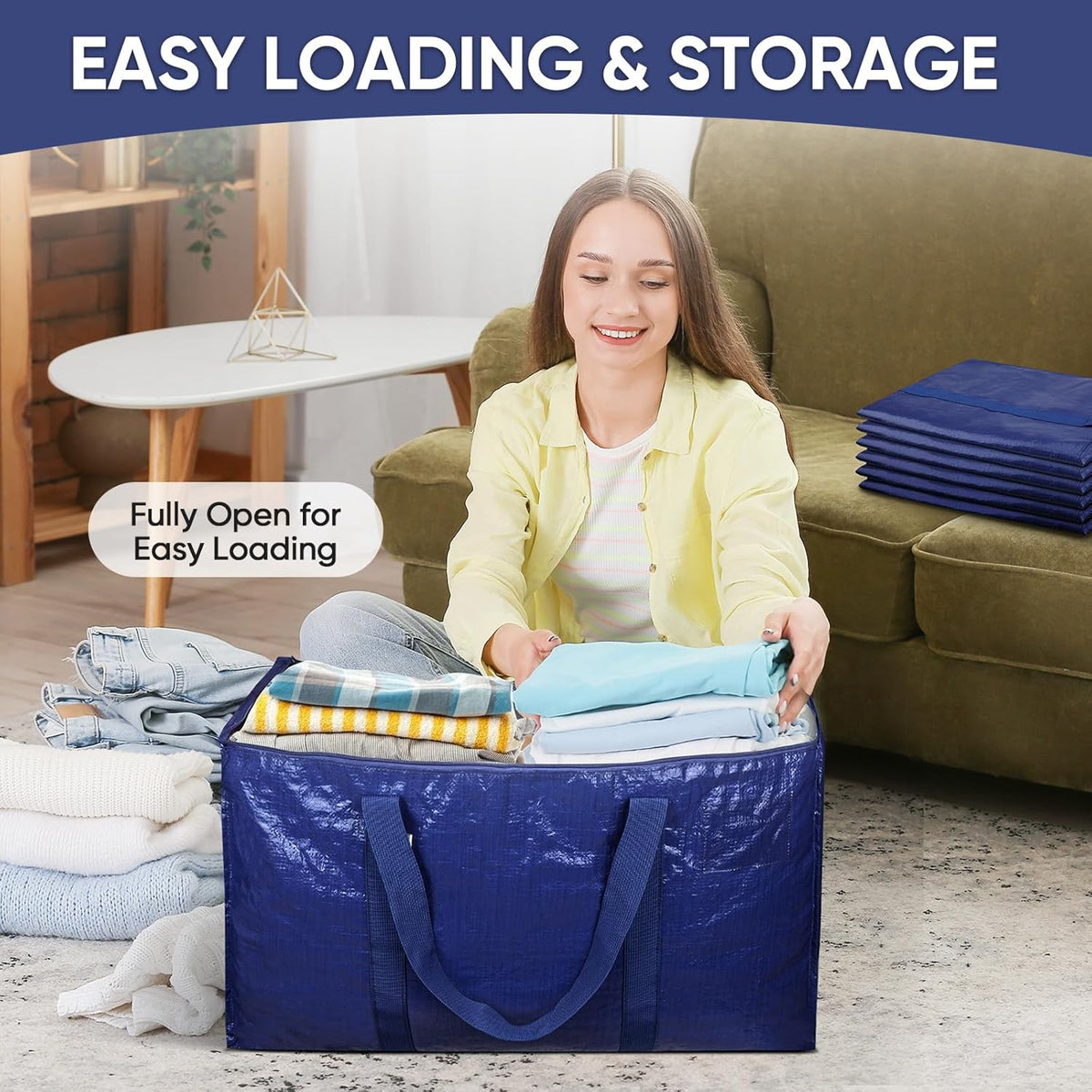 TICONN Extra Large Heavy-Duty Moving Bags - Durable Storage with Zippers & Handles | 4 Pack, Navy