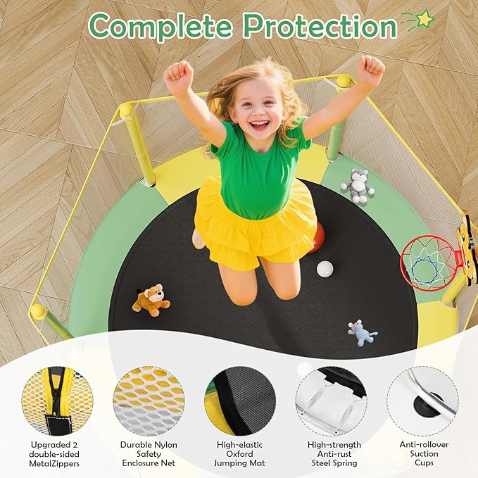 Kids Trampoline with Safety Net – 440lbs Capacity, Upgraded Rust-Proof Ring Legs, Adjustable Gymnastics Bar & Toys – Indoor Outdoor Toddler Trampoline for Boys & Girls Ages 1-8