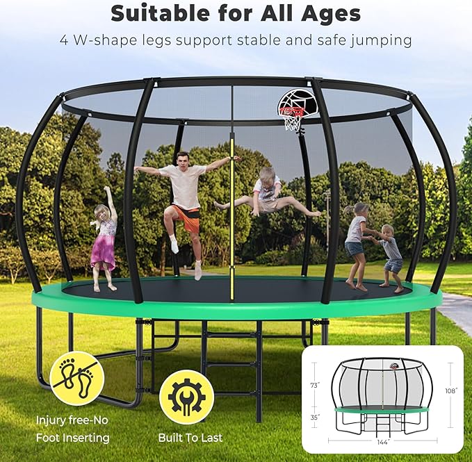 12 14 15 16FT Outdoor Trampolines for Kids and Adults, Pumpkin Trampolin with Curved Poles, Recreational Trampolin with Basketball Hoop and Safety Enclosure Net for Kids and Adults