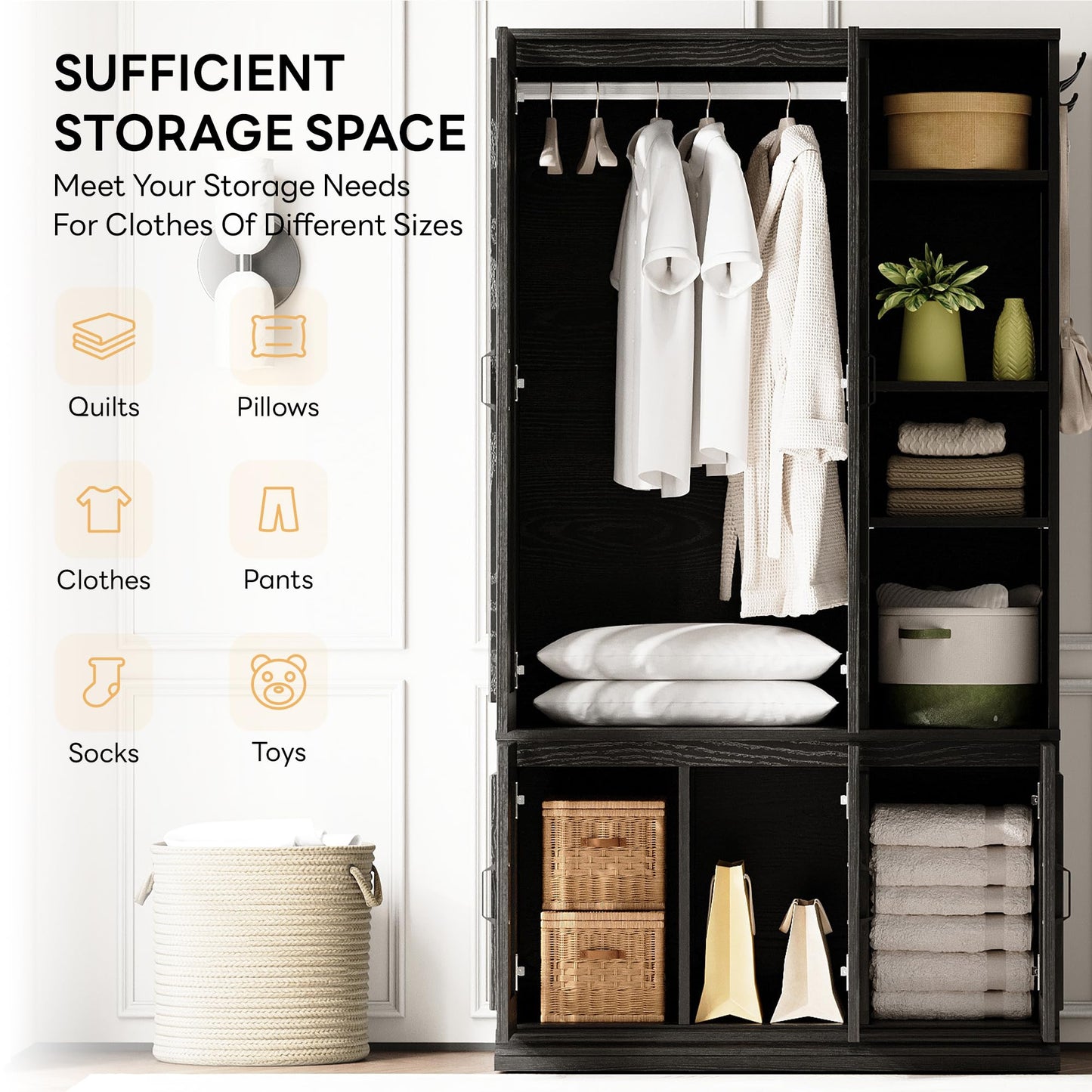 LIKIMIO Armoire Wardrobe Closet 70" H, 5 Doors Bedroom Wooden Wardrobe with 4 Storage Shelves and Hanging Rod, Clothing Storage Cabinet Organizer Combination, Black