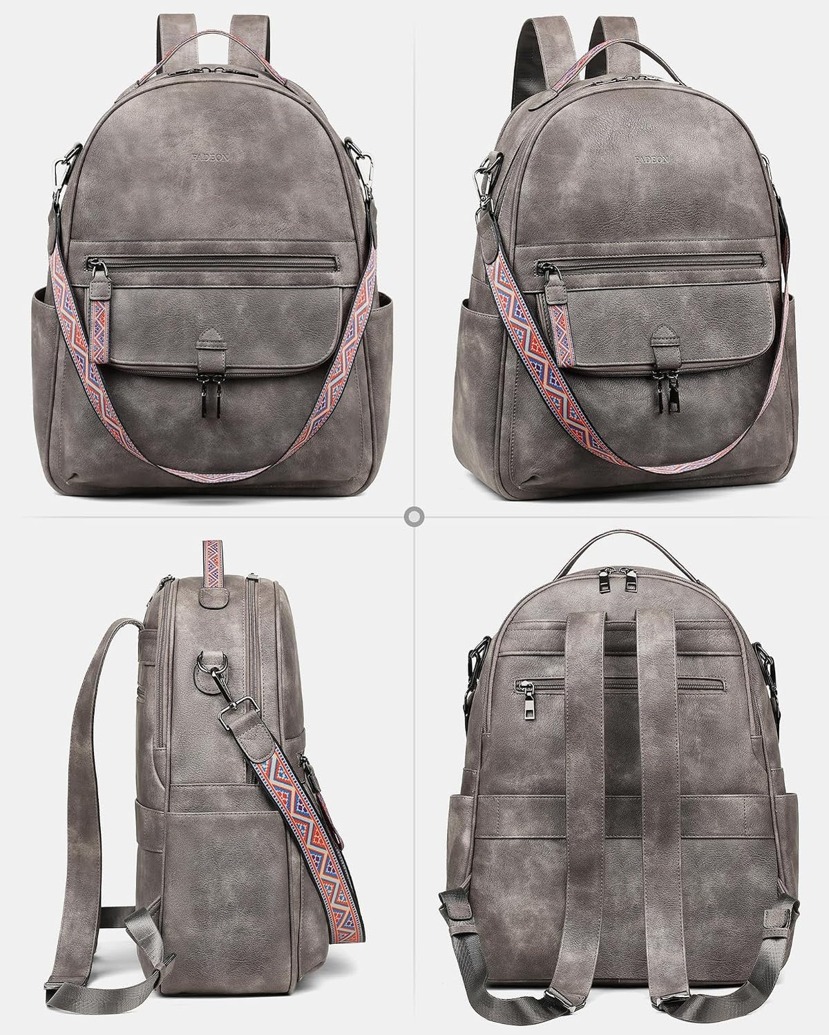 Backpack Backpack FADEON Leather Laptop Purse for Women, Designer Travel PU with Laptop Compartment for Work Grey
