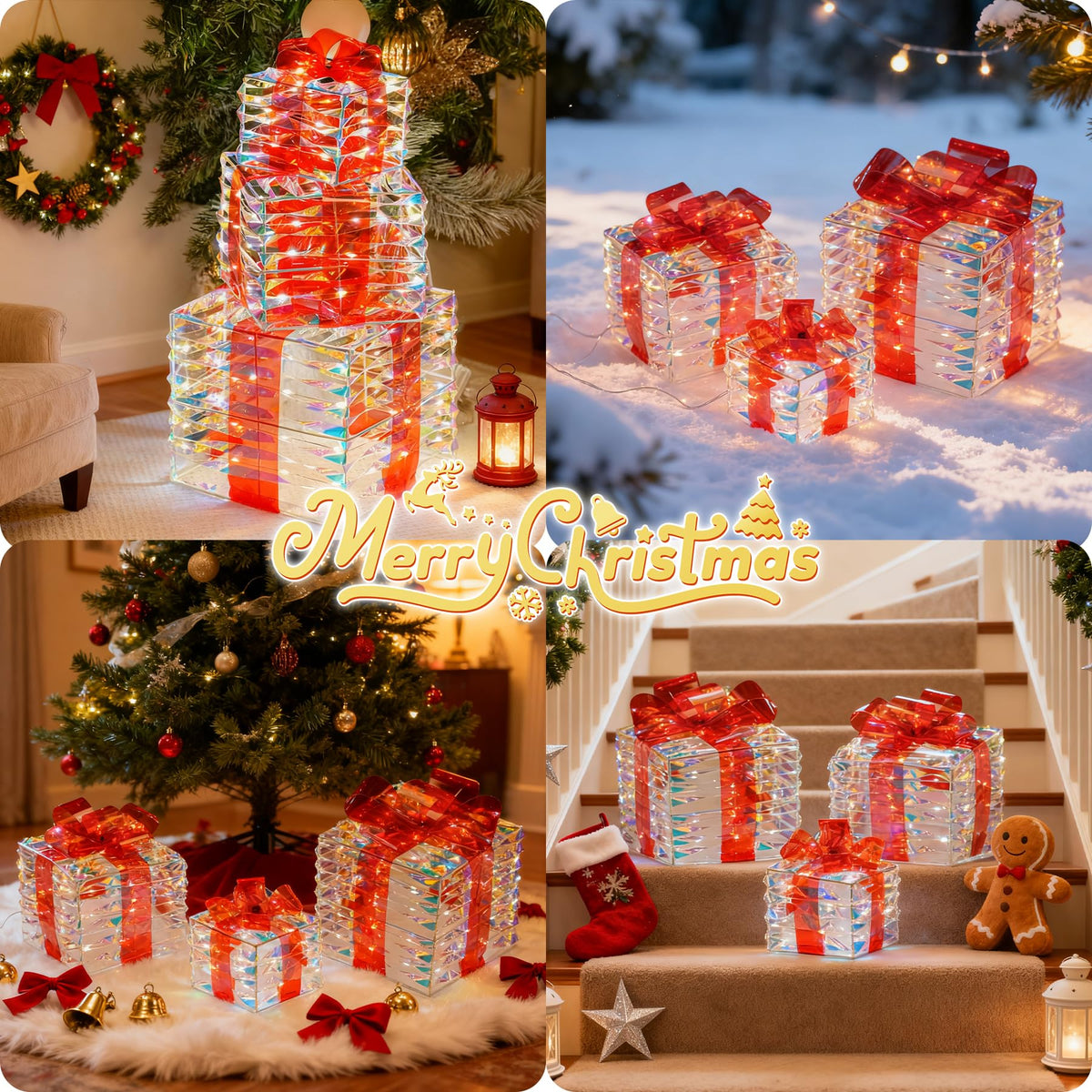LAWOHO Christmas Lighted Gift Boxes Set of 3 Iridescent Present Boxes with Bow-Knot Battery &USB Powered Light up Box Decorations for Christmas Home Indoor Outdoor Holiday Decoration