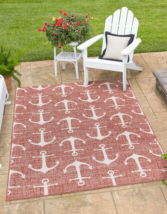 Unique Loom Outdoor Coastal Collection Area Rug - Ahoy (10' x 13' 1" Rectangle, Rust Red/ Ivory)