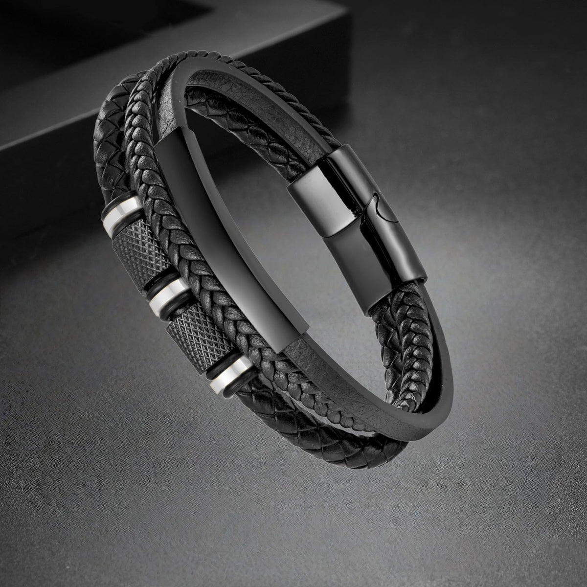 Mens Leather Bracelet, Leather Bracelet For Men, Multi-Layer Braided Leather Mens Bracelet with Stainless Steel Clasp, Perfect or Dad, Husband, Son, Grandson, Nephew, Comes With Gifts Box(Black)
