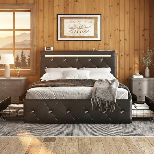 FammyLoft Queen Size Bed Frame, PU Upholstered Bed Frame with RGB LED and 4 Storage Drawers, Platform Bed Frame with Adjustable Headboard, Charging Outlet, Diamond Crystal Button, Black