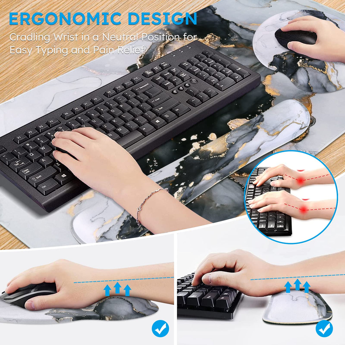 iCasso Desk Mat, Gaming Mouse Pad Wrist Support Set,4in1 XXL Large Mousepad + Keyboard Wrist Rest+Mouse Wrist Rest+Coaster Set with Ergonomic Design for Home Office Table Computer-Grey Ink Marble