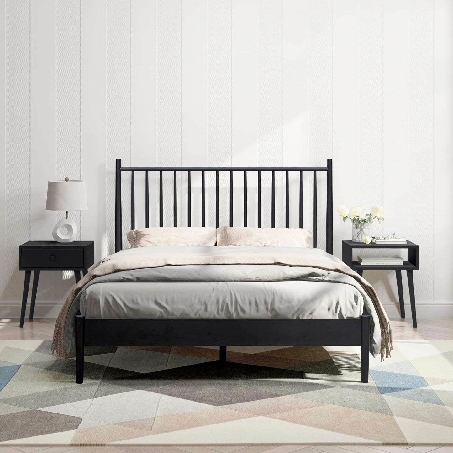 NTC Inno Wooden Bed Frame with Headboard, Solid Oak and Rubber Wood Foundation with Silent Slats and Wood Central Supports, 1000 Lb Capacity, Effortless Assembly, King - Burnt Black