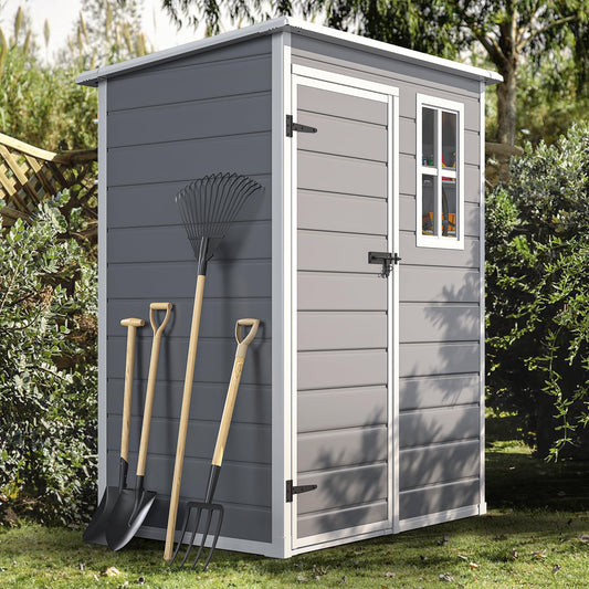 DWVO 5x3 FT Outdoor Storage Shed with Reinforced Floor, All-Weather Resin Storage Shed with Lockable Door & Window, Waterproof Plastic Tool Storage for Garden, Backyard, Patio, Lawn