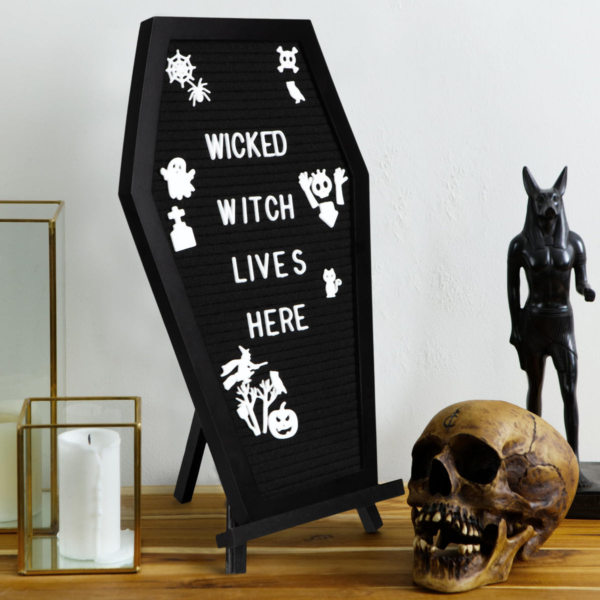 3 in 1 Coffin Letter Board with Precut, Presorted 500 Letters & Emojis + Mini Coffin Board, Gothic Halloween Decor - Spooky 17x10.5 inches Felt Letter Board - Manny's Mysterious Oddities