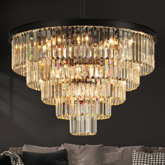 Crystal Chandeliers for Dining Room Lights Fixture Over Table, 20 Lights Black Modern Chandeliers for Living Room, 5-Tier Round Crystal Lighting Fixtures for Bedroom Entryway Kitchen Island D30 Inch