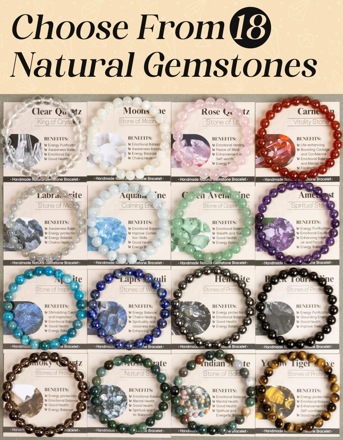Landorilo Beaded Bracelet for Men Women, 8mm Natural Stone Rose Quartz Healing Crystal Stretch Bracelets, Ideal Christmas Birthday Jewelry Gifts with Energy Card，Replacement Beads Included